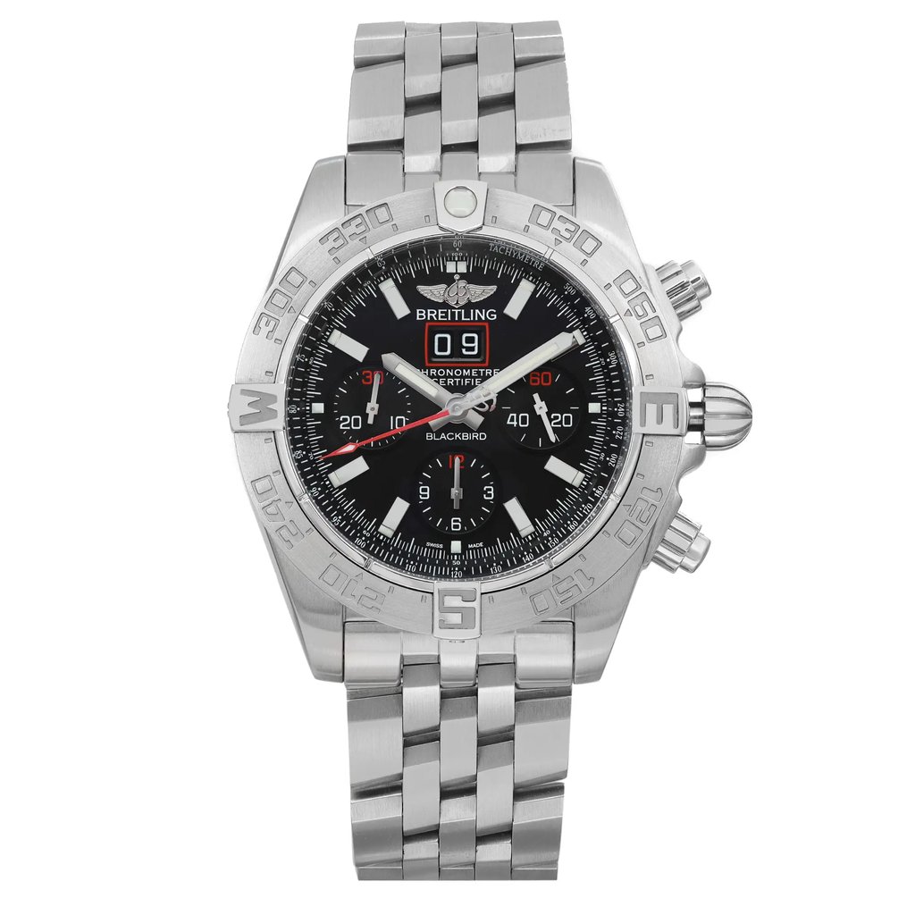 An image of a pre-owned Breitling men's wristwatch in good condition, showcased in a front full frontal view. The watch features a black dial, stick indexes, and a 12-hour dial with a seconds hand. It has a gray bezel, luminous hands, and a small seconds subdial. The chronograph and date indicator are also visible. The round case and band are made of stainless steel, reflecting a pilot/aviator style. The photo is taken from a straight-on angle at a close distance to capture the details of the watch face and band. The watch may shows minor signs of wear or scratches. 