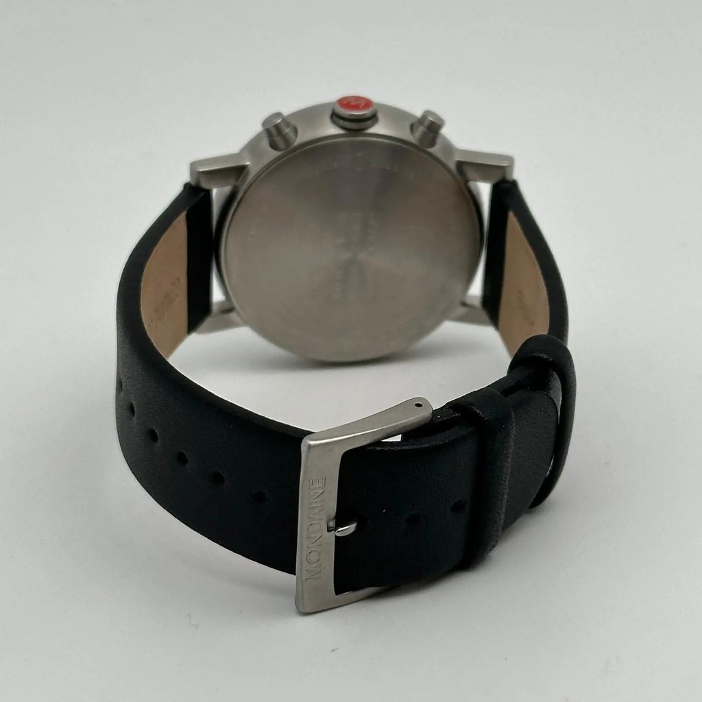Back View Of Snap Back Case And Closed Leather Band Of Mondaine A690.30304.14SBB Watch Display Model Condition