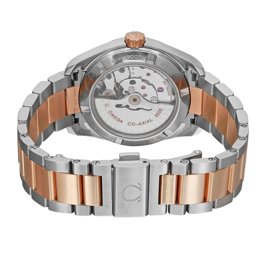 An image of a Wristwatch by OMEGA. This Display Model item is designed for Women, featuring a Luxury style. It has a Mechanical (Automatic) movement and an Analog display with a White dial color. The indices include 12-Hour Dial,Diamond Markers. The band is made of Rose Gold,Stainless Steel and the case is made of Stainless Steel. The watch has a Round shape with a case size of 38.5 mm and a case thickness of 13 mm.