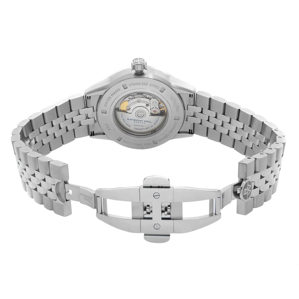 Back View Of Exhibition Back Case And Open Stainless Steel Band Of RAYMOND WEIL 2731-ST-50001 Watch New Condition