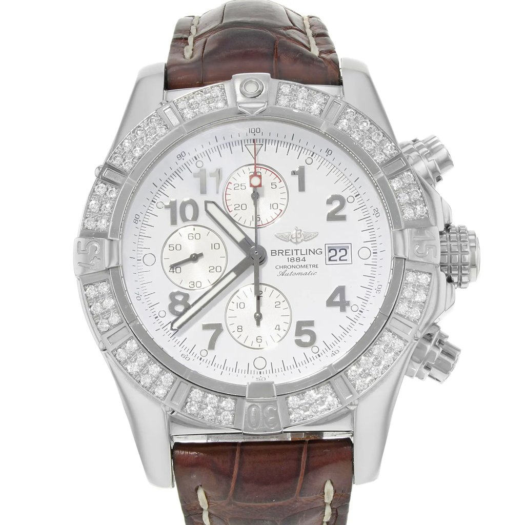 Up Close Front Facing Picture Of Breitling A13370 Stainless Steel Watch Pre Owned Condition