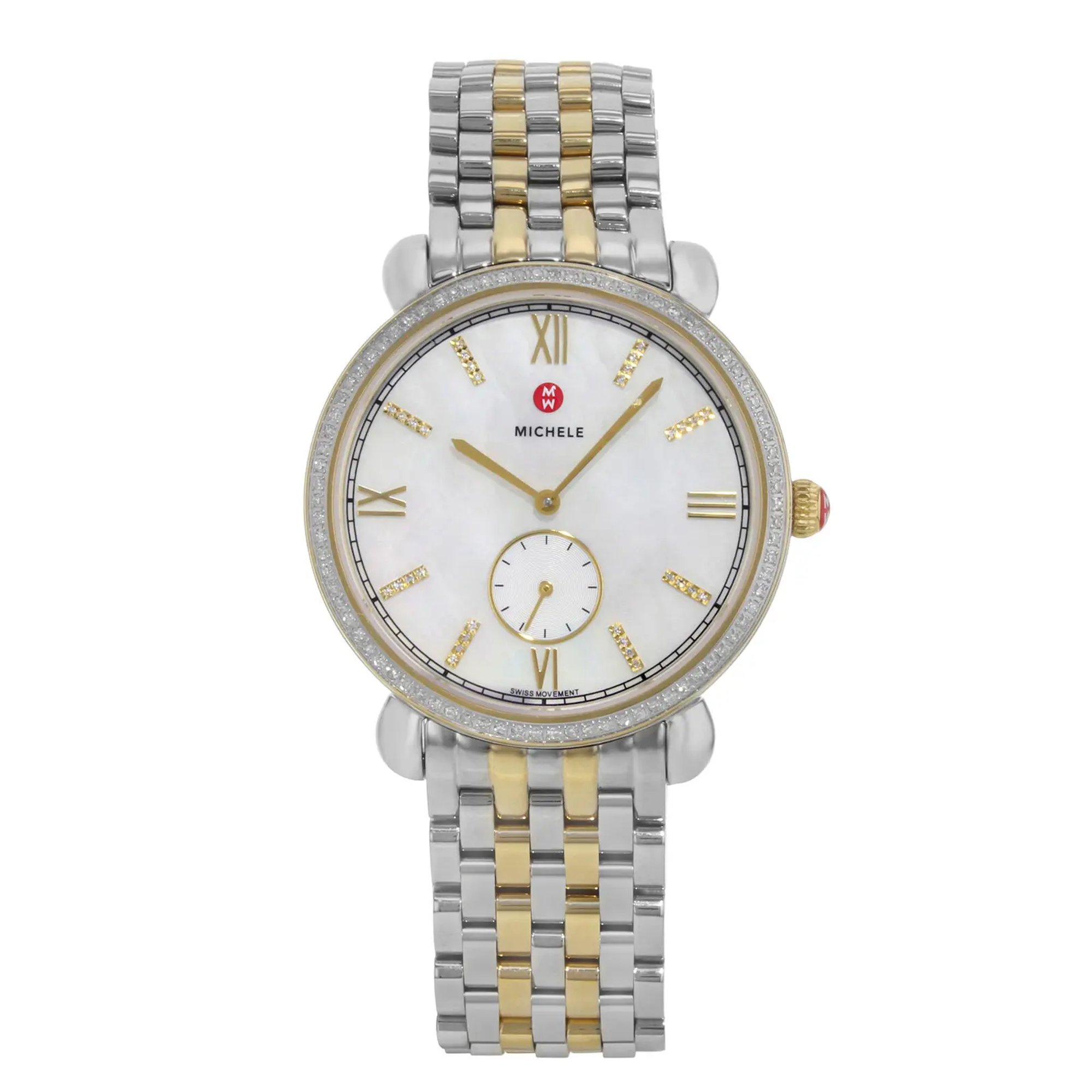 An image of a Wristwatch by MICHELE. This Pre Owned item is designed for Women, featuring a Casual style. It has a Quartz movement and an Analog display with a White dial color. The indices include Diamond Markers,Roman Numerals. The band is made of Stainless Steel and the case is made of Stainless Steel. The watch has a Round shape with a case size of 36 mm and a case thickness of 7 mm.