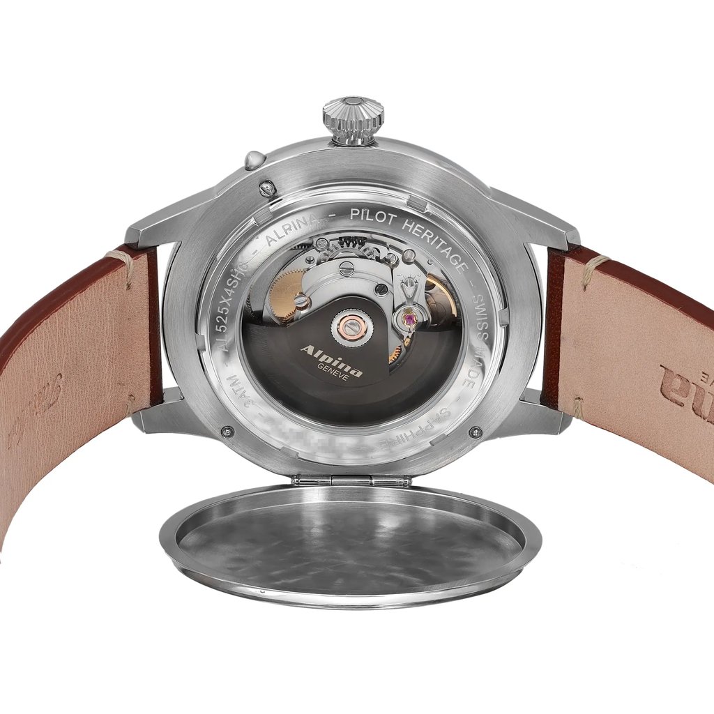 An image of a Wristwatch by Alpina. This Display Model item is designed for Men, featuring a Dress/Formal style. It has a Mechanical (Automatic) movement and an Analog display with a Green dial color. The indices include 12-Hour Dial,Arabic Numerals. The band is made of Leather and the case is made of Stainless Steel. The watch has a Round shape with a case size of 44 mm and a case thickness of 12 mm.
