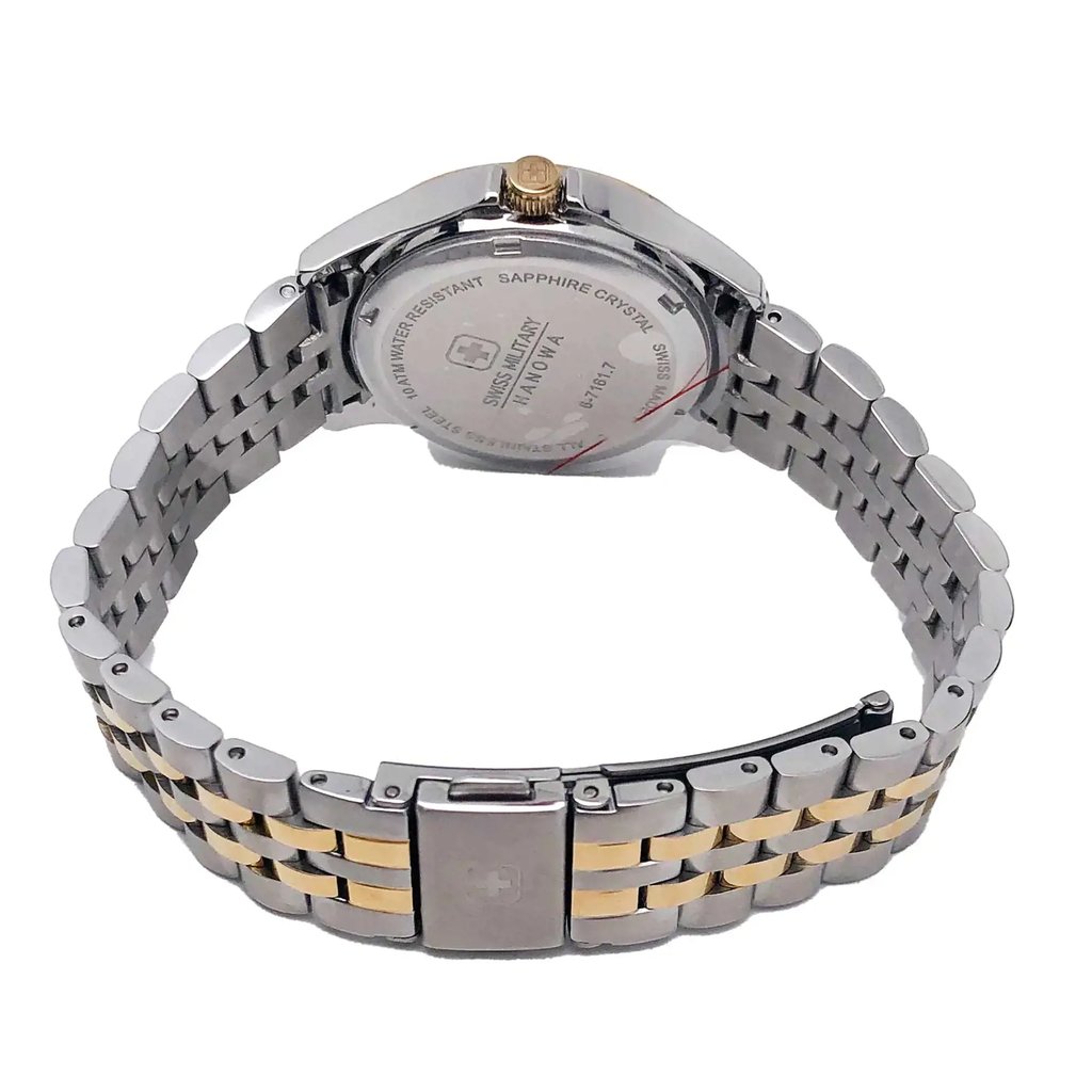 Back View Of Screwback Back Case And Closed Stainless Steel Band Of Swiss Military Hanowa 06-7161.7.1.55.001 Watch Display Model Condition