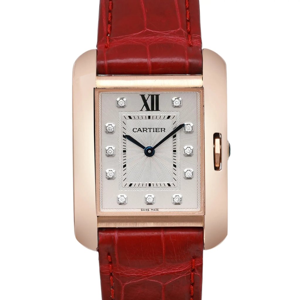 Up Close Front Facing Picture Of Cartier WJTA0009 Rose Gold Watch Pre Owned Condition