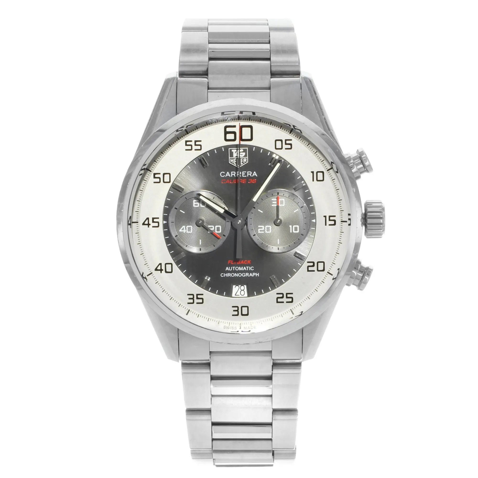 An image of a Wristwatch by TAG Heuer. This Pre Owned item is designed for Men, featuring a Luxury,Sport style. It has a Mechanical (Automatic) movement and an Analog display with a Silver dial color. The indices include Sticks. The band is made of Stainless Steel and the case is made of Stainless Steel. The watch has a Round shape with a case size of 43 mm and a case thickness of 16 mm.
