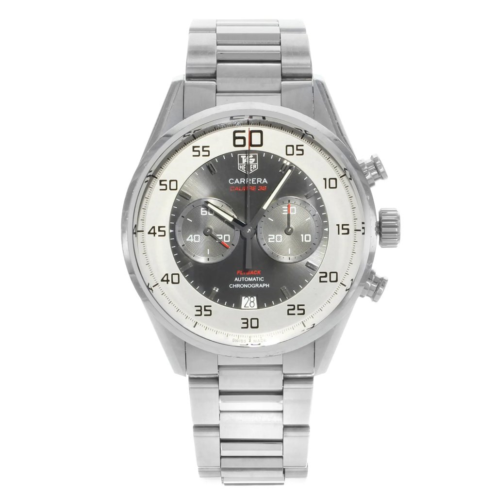 An image of a Wristwatch by TAG Heuer. This Pre Owned item is designed for Men, featuring a Luxury,Sport style. It has a Mechanical (Automatic) movement and an Analog display with a Silver dial color. The indices include Sticks. The band is made of Stainless Steel and the case is made of Stainless Steel. The watch has a Round shape with a case size of 43 mm and a case thickness of 16 mm.