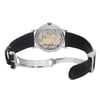An image of a pre-owned wristwatch viewed from the back, showcasing the open clasp. The watch is positioned at a slight angle, allowing a clear view of the intricate mechanical movement through the transparent case back. The black leather strap is partially visible, with the metal clasp open and engraved. The photo is taken at a close distance, emphasizing the craftsmanship and details of the watch.