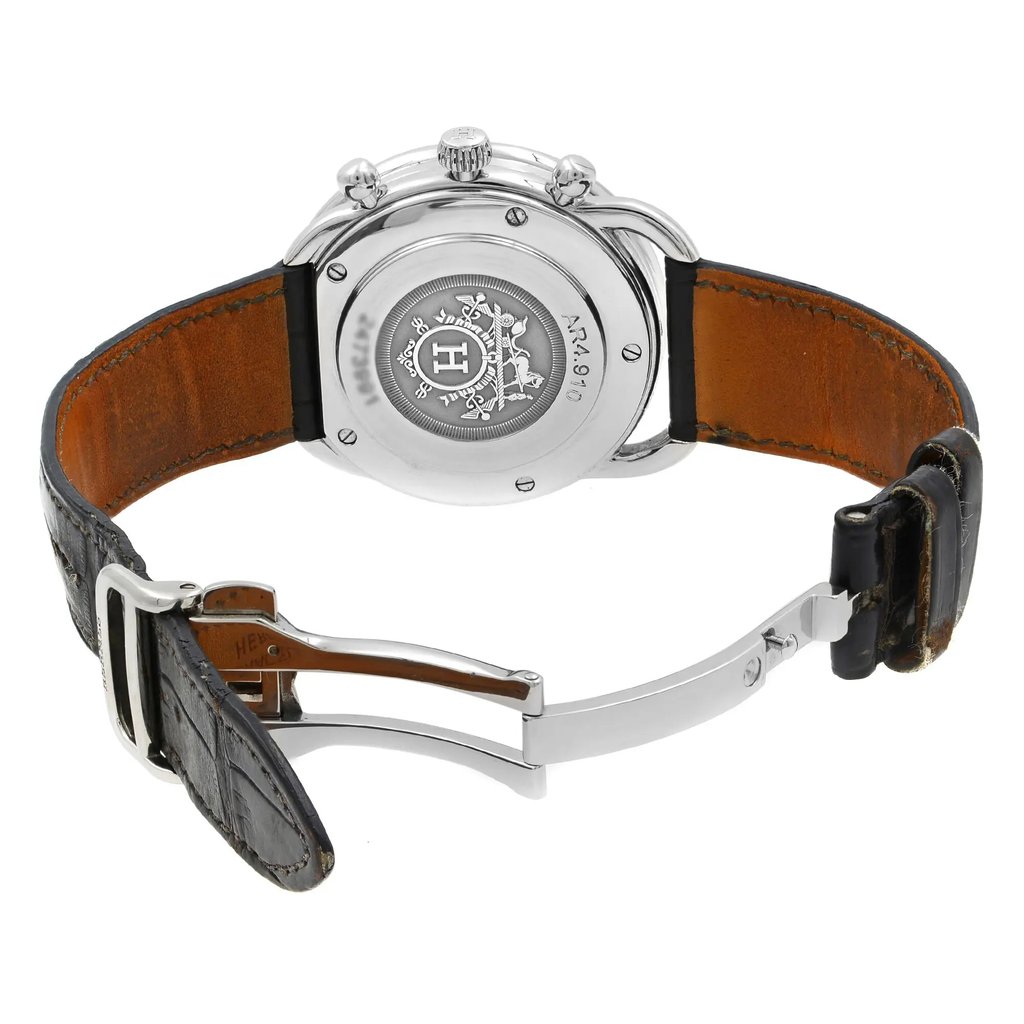 Back View Of {Caseback} Back Case And Open Leather Band Of Hermes AR4.910 Watch Pre Owned Condition