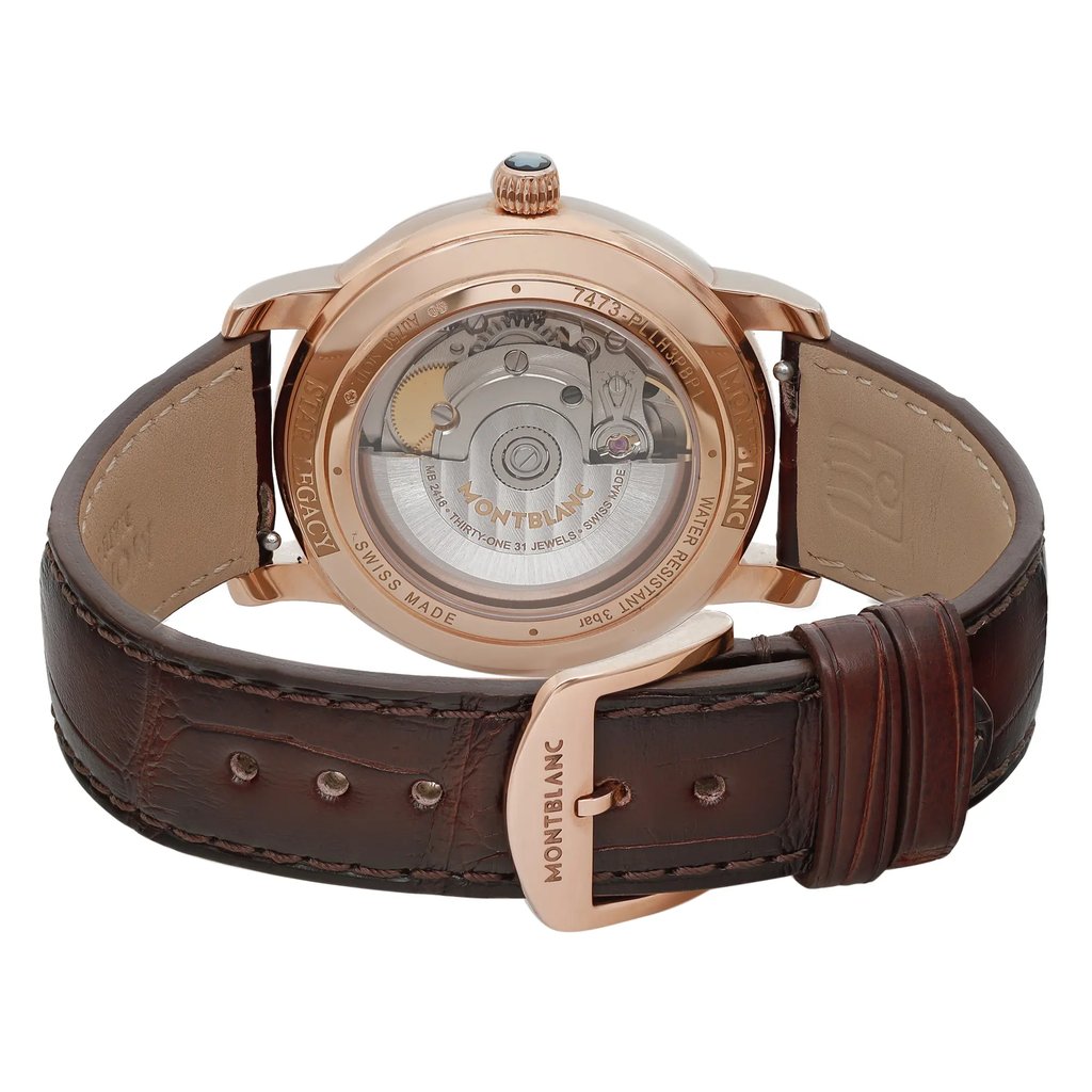 An image of a Montblanc women's wristwatch, showcasing a back view with a close clasp. The wristwatch is a display model featuring an exhibition case back made of rose gold and a round watch shape. It is equipped with a leather band and a buckle closure. The photo is taken from a top-down angle at a close distance, emphasizing the intricate details of the wristwatch's design and craftsmanship.