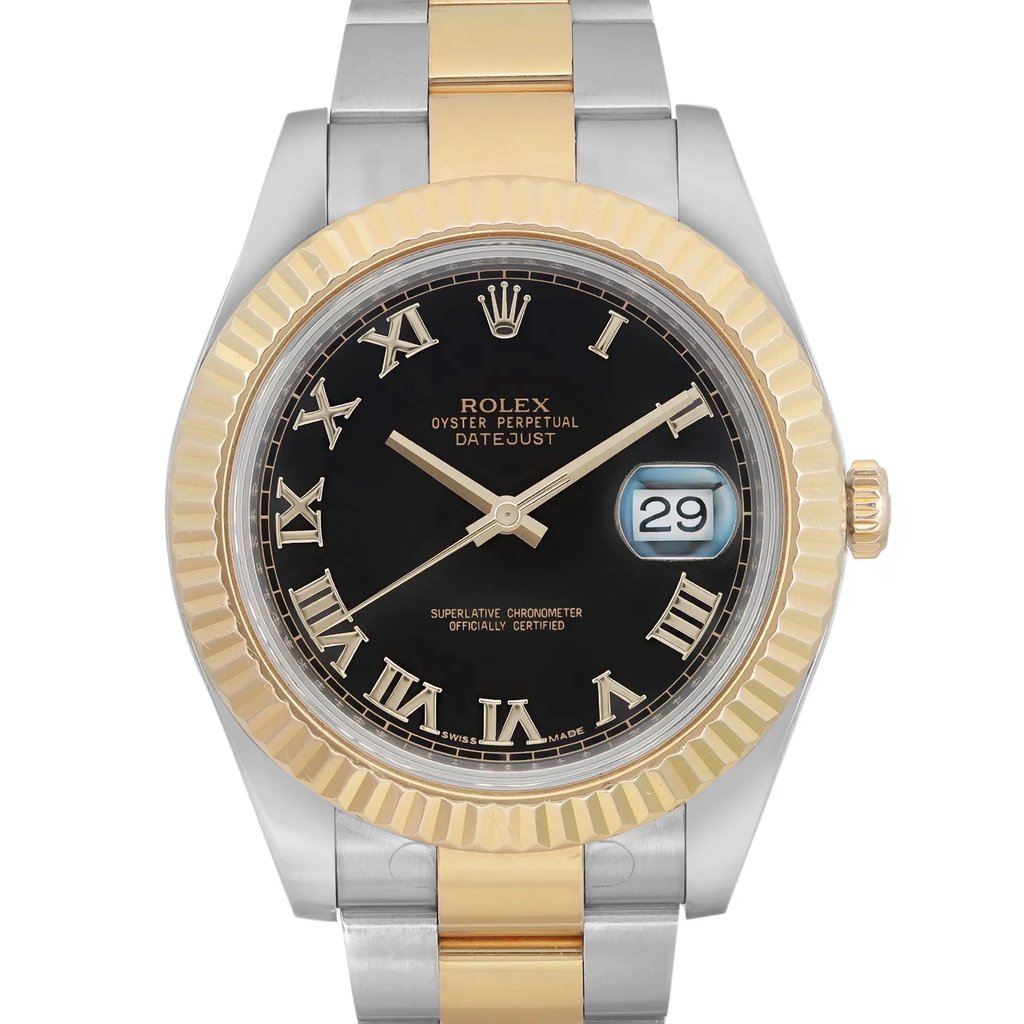 An image of a pre-owned Rolex men's wristwatch, presented in a front close-up view highlighting the watch face. The luxurious round dial is black with gold Roman numeral indices and a date indicator at the 3 o'clock position. The watch has a fluted gold bezel and a band made of stainless steel and solid gold. The condition is good with light signs of wear or scratches. The watch is at a close distance, with the face centered and positioned frontally to the viewer.