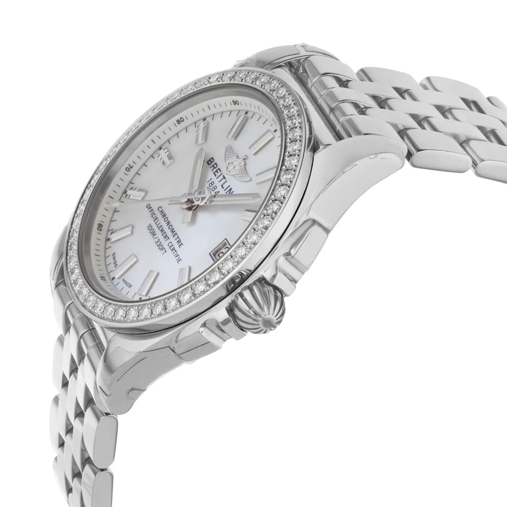 View Of Crown Facing Side Of Breitling A7433053/A779-376A Stainless Steel Watch Unworn Condition
