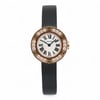 An image of a pre-owned Cartier Love Watch 18K Rose Gold Diamond Silver Dial Watch 2977 positioned upright and facing forward. The watch features a round face with a white dial, black Roman numerals, and blue hands. The bezel is adorned with sparkling diamonds set in a rose gold frame, creating an elegant contrast with the black leather strap. The image is taken from a straight-on angle at a close distance, highlighting the watch's detailed craftsmanship.