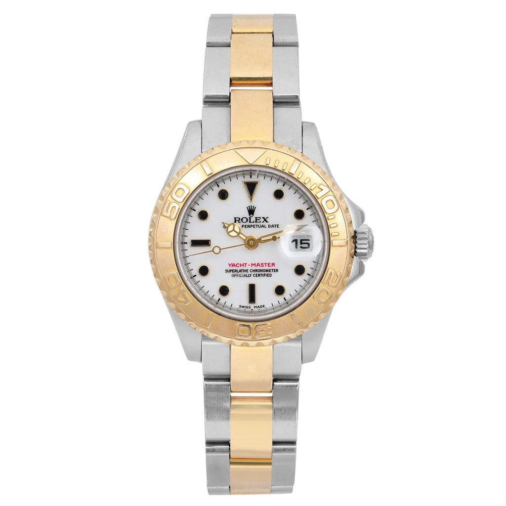 An image of a pre-owned wristwatch viewed from the front in a full frontal angle. The watch features a bi-metallic bracelet with alternating gold and silver links. The face is white with gold markings and a date display at the 3 o'clock position. The bezel is gold-toned, complementing the overall elegant design. The image is taken at a close distance, showcasing the watch's details clearly.