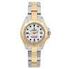An image of a pre-owned wristwatch viewed from the front in a full frontal angle. The watch features a bi-metallic bracelet with alternating gold and silver links. The face is white with gold markings and a date display at the 3 o'clock position. The bezel is gold-toned, complementing the overall elegant design. The image is taken at a close distance, showcasing the watch's details clearly.