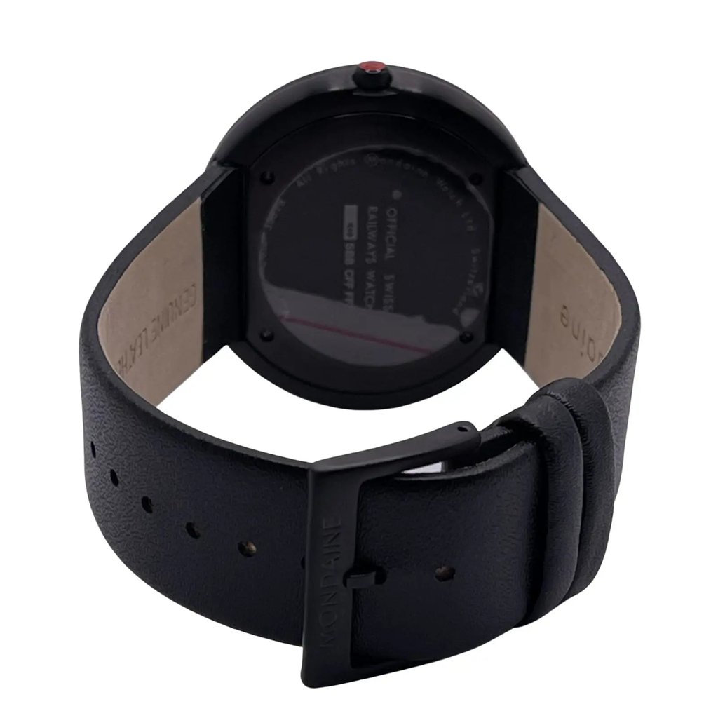 Back View Of Screwback Back Case And Closed Leather Band Of Mondaine A660.30328.64SBB Watch Display Model Condition