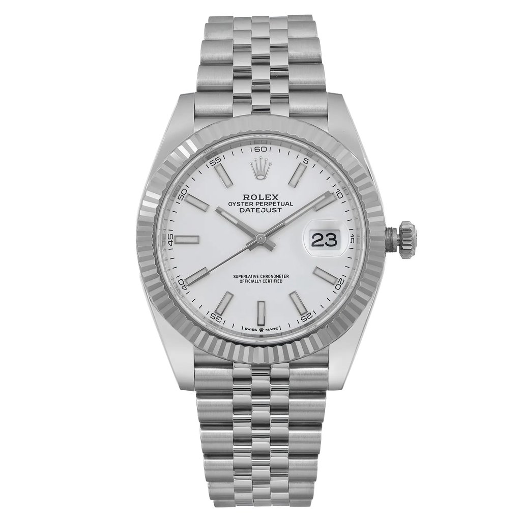 An image of an unworn Rolex Oyster Perpetual Datejust men's wristwatch in excellent condition. The watch is presented in a full frontal view, centered and occupying most of the frame. It features a round, white dial with stick indexes and luminous hands. A gray bezel surrounds the dial, and a date indicator is visible at the 3 o'clock position. The stainless steel band is shown in full, with a straight-on angle highlighting the links. The Rolex branding is clearly visible on the dial, and the watch is shown against a neutral background for a clear view of its luxury style and details.