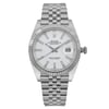 An image of an unworn Rolex Oyster Perpetual Datejust men's wristwatch in excellent condition. The watch is presented in a full frontal view, centered and occupying most of the frame. It features a round, white dial with stick indexes and luminous hands. A gray bezel surrounds the dial, and a date indicator is visible at the 3 o'clock position. The stainless steel band is shown in full, with a straight-on angle highlighting the links. The Rolex branding is clearly visible on the dial, and the watch is shown against a neutral background for a clear view of its luxury style and details.