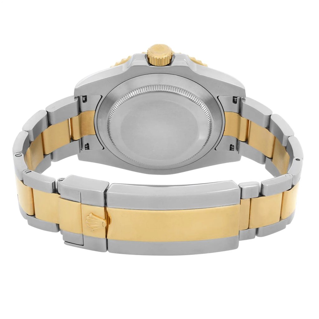 Back View Of Solid Back Case And Closed Stainless and Solid Gold Band Of Rolex 116613LN Watch Pre Owned Condition