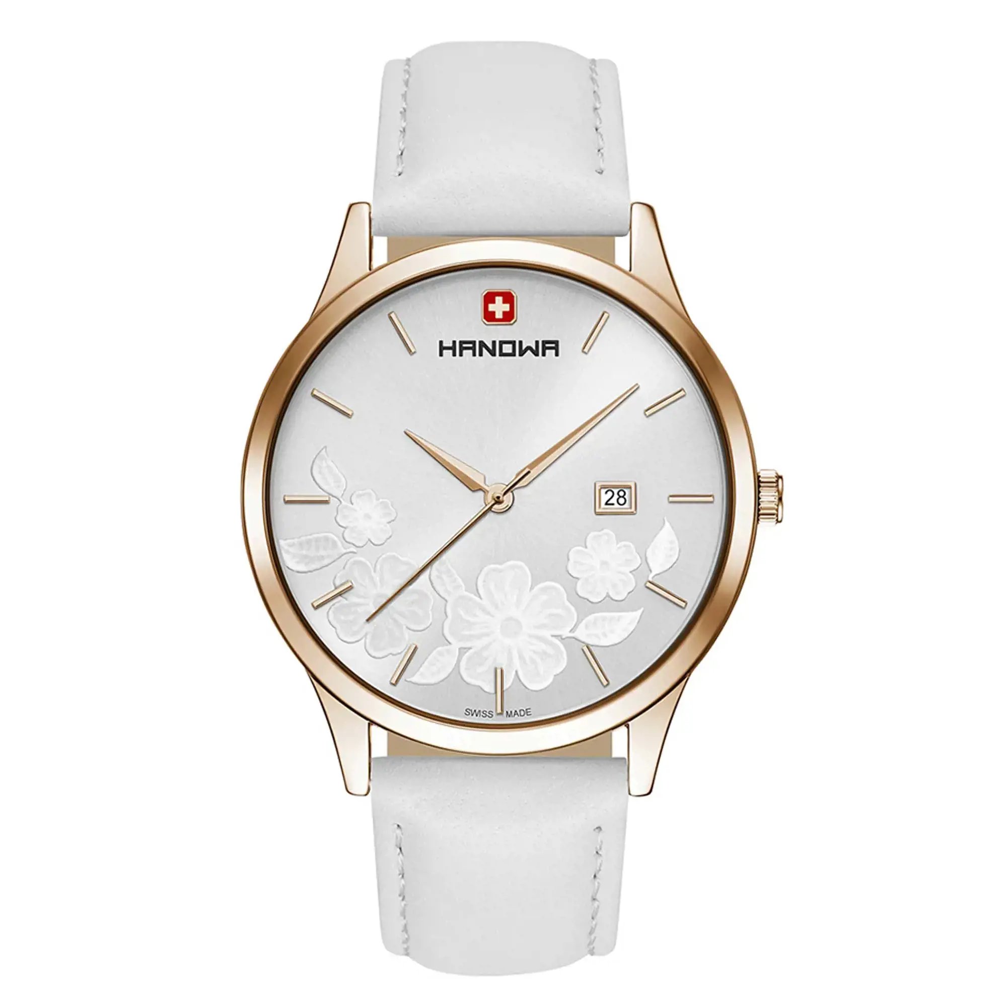 An image of a Wristwatch by hanow. This Display Model item is designed for Women, featuring a Casual style. It has a Quartz movement and an Analog display with a White dial color. The indices include 12-Hour Dial,Stick Indexes. The band is made of Leather and the case is made of Steel. The watch has a Round shape with a case size of 40 mm and a case thickness of 9 mm.