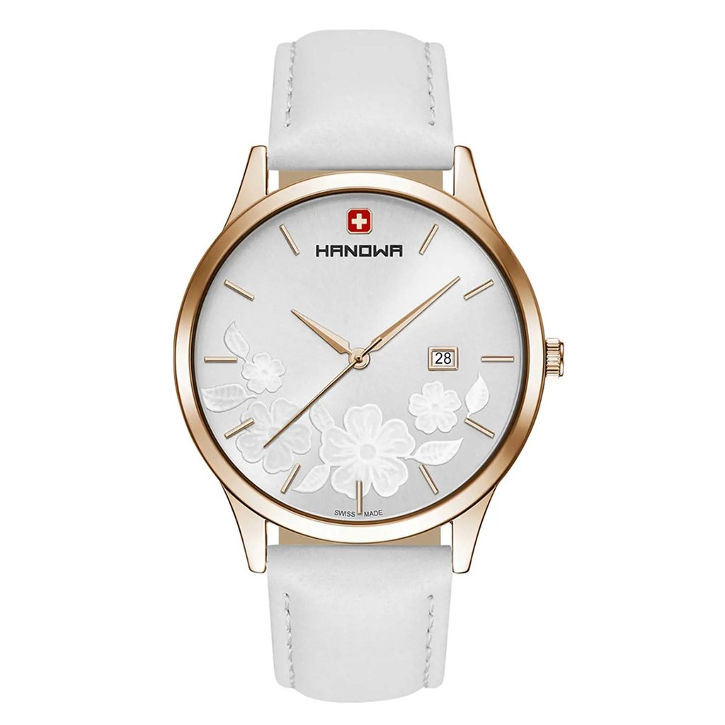 An image of a Wristwatch by hanow. This Display Model item is designed for Women, featuring a Casual style. It has a Quartz movement and an Analog display with a White dial color. The indices include 12-Hour Dial,Stick Indexes. The band is made of Leather and the case is made of Steel. The watch has a Round shape with a case size of 40 mm and a case thickness of 9 mm.