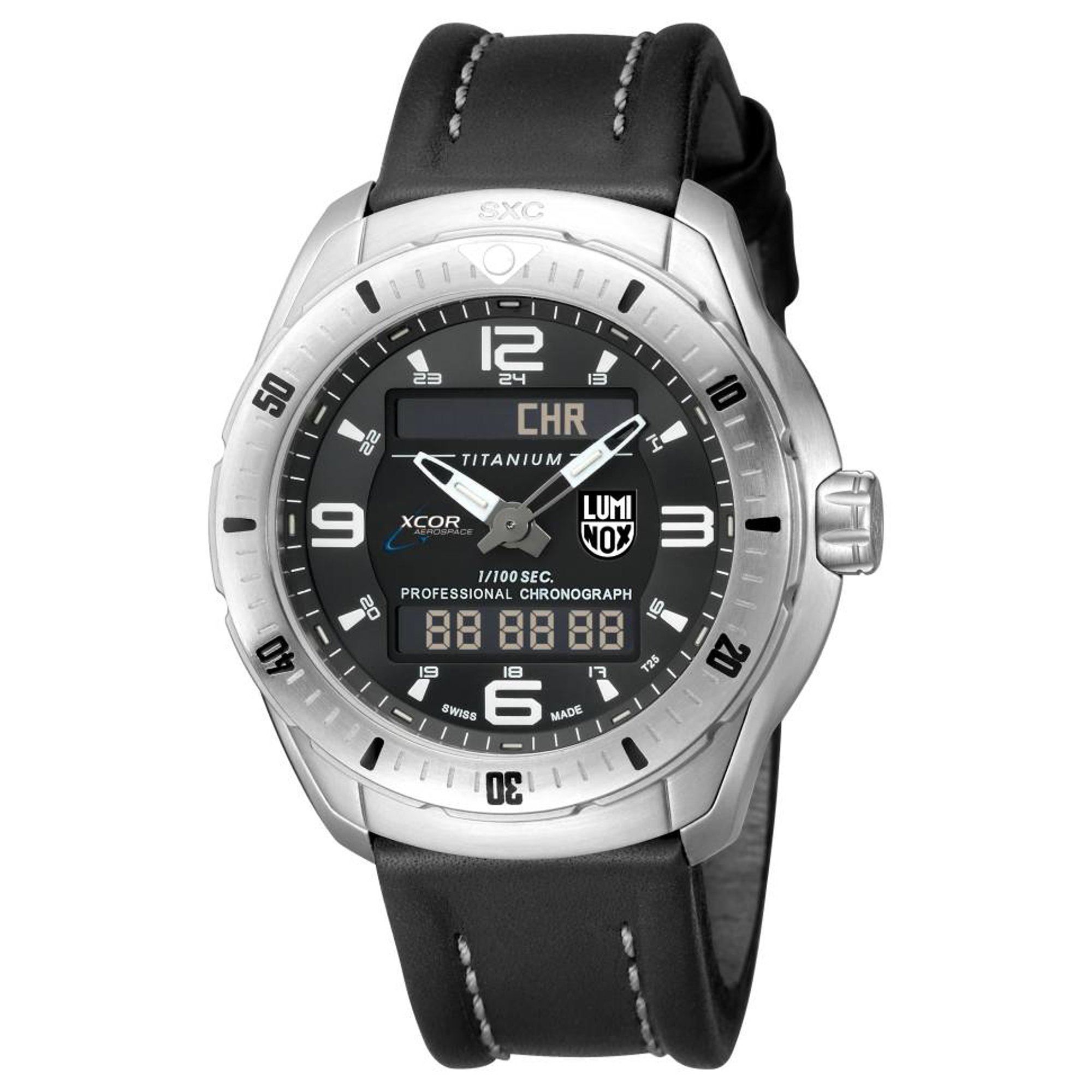 An image of a Wristwatch by Luminox. This New With Defects item is designed for Men, featuring a Dress/Formal style. It has a Quartz movement and an Analog display with a Black dial color. The indices include 12-Hour Dial,24-Hour Dial,Arabic Numerals. The band is made of Leather and the case is made of Titanium. The watch has a Round shape with a case size of 46 mm and a case thickness of 14 mm.