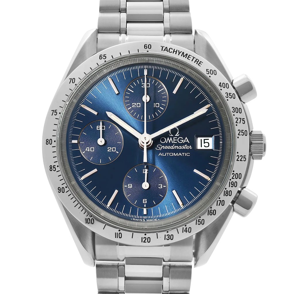 An image of a pre-owned men's OMEGA wristwatch, viewed from the front at a close distance. The watch features a polished stainless steel band and a blue dial with chronograph functions, a date indicator at the 3 o'clock position, luminous hands, and a small seconds subdial. The bezel includes a tachymeter scale.Pre-owned Omega Speedmaster Chronograph Steel Blue Dial Automatic Men's Watch 3511.80.00. The Watch Shows Minor Patina on Hour Markers, and on Hands. The Watch Bezel Shows Minor Dents Between 225-200 Number. No Original Box and Papers are Included. Comes with Chronostore Presentation Box and Authenticity Card. Covered by 1-year Chronostore Warranty. Worldwide Shipment with a 30-day Hassle-Free Return Available.

