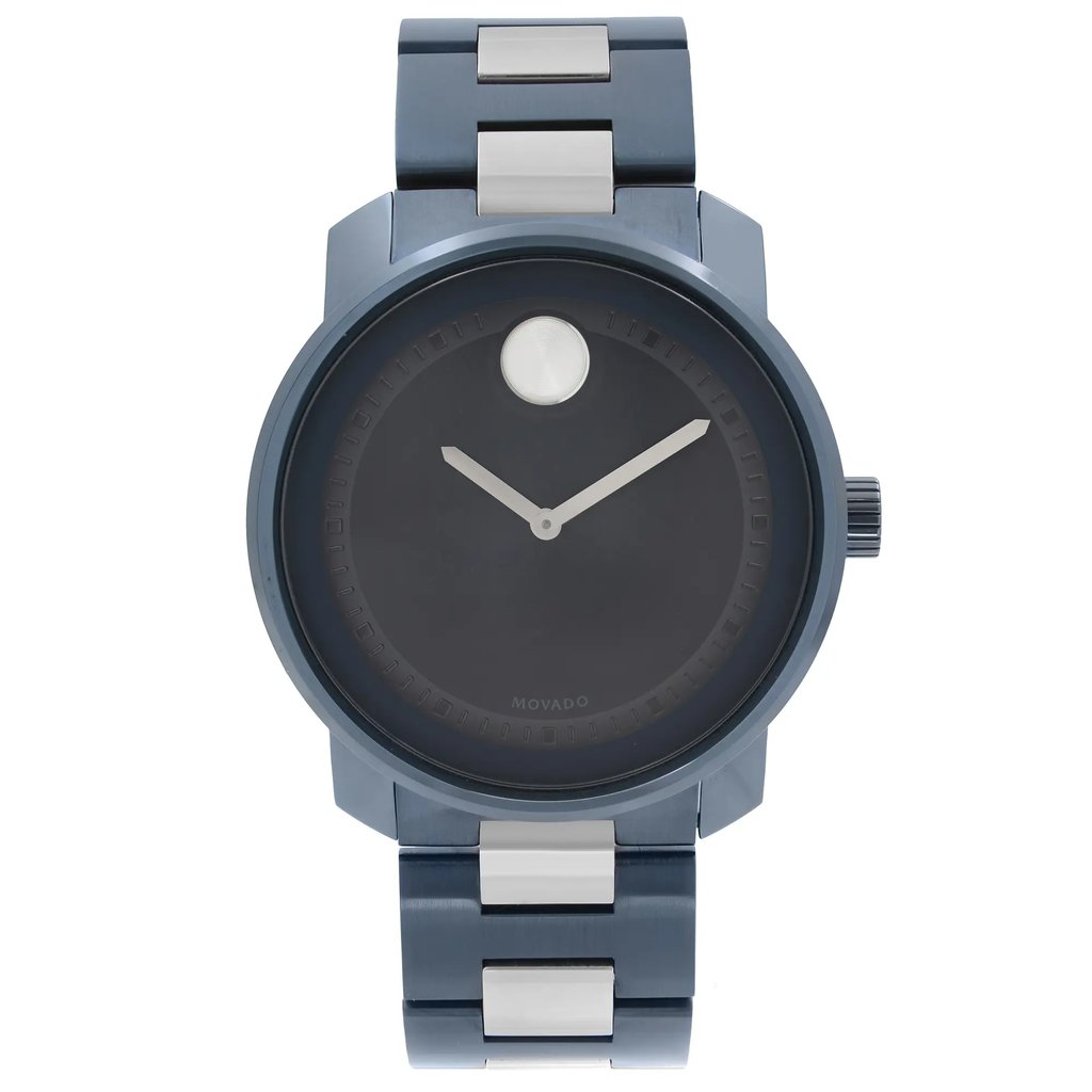 An image of a Wristwatch by Movado. This New With Defects item is designed for Men, featuring a Casual,Dress/Formal style. It has a Quartz movement and an Analog display with a Blue dial color. The indices include Non-Numeric Hour Marks. The band is made of Stainless Steel and the case is made of Stainless Steel. The watch has a Round shape with a case size of 42.5 mm and a case thickness of 11 mm.