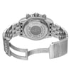 An image of a pre-owned men's Breitling wristwatch, showcasing the back view with a close clasp. The watch is photographed at a slight angle to prominently display the screwback case made of stainless steel, which includes engraved details such as the brand name. The round case connects to a stainless steel band with a fold-over clasp featuring a flip lock safety, also engraved with the Breitling name. The watch is presented in a medium-close-up shot, providing a clear view of the watch's design and condition. The case back and bracelet show signs of wear.