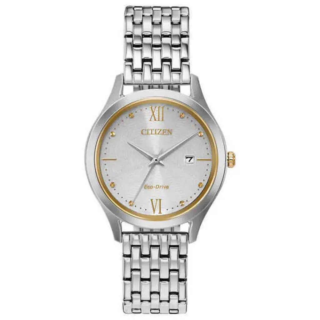 An image of a Wristwatch by Citizen. This Unworn item is designed for Women, featuring a Dress/Formal style. It has a Quartz movement and an Analog display with a White dial color. The indices include Roman Numerals. The band is made of Stainless Steel and the case is made of Stainless Steel. The watch has a Round shape with a case size of 30 mm and a case thickness of 8 mm.