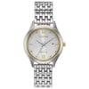 An image of a Wristwatch by Citizen. This Unworn item is designed for Women, featuring a Dress/Formal style. It has a Quartz movement and an Analog display with a White dial color. The indices include Roman Numerals. The band is made of Stainless Steel and the case is made of Stainless Steel. The watch has a Round shape with a case size of 30 mm and a case thickness of 8 mm.