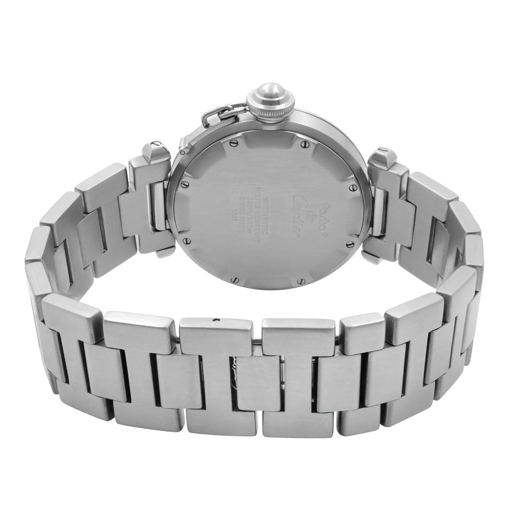 Back View Of Solid Back Case And Closed Stainless Steel Band Of Cartier W31014M7 Watch Pre Owned Condition