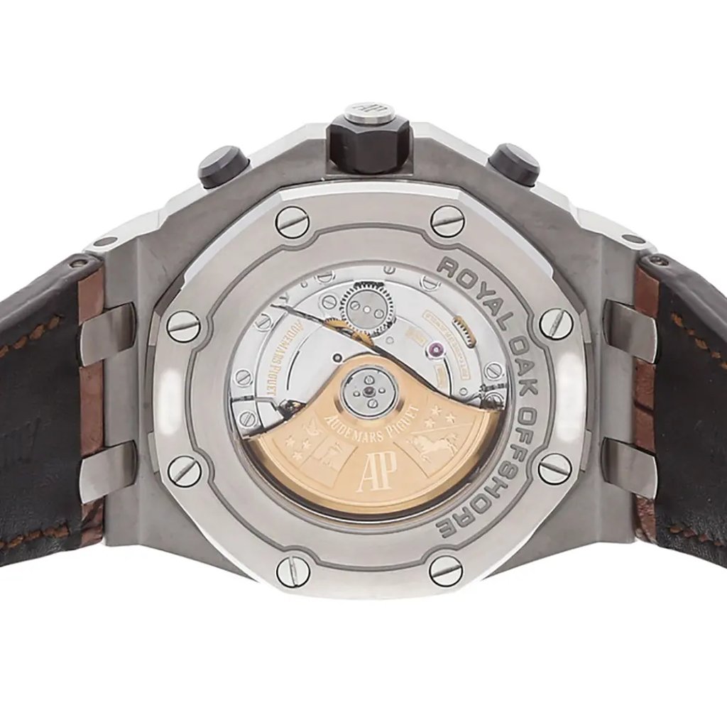 Back View Of Exhibition Back Case And Closed Leather Band Of Audemars Piguet 26470st.oo.a820cr.01 Watch Unworn Condition