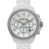 An image of a Wristwatch by Michael Kors. This Pre Owned item is designed for Women, featuring a Casual style. It has a Quartz movement and an Analog display with a White Mother of Pearl dial color. The indices include 12-Hour Dial,Arabic Numerals,Non-Numeric Hour Marks. The band is made of Acrylic and the case is made of Plastic. The watch has a Round shape with a case size of 44 mm and a case thickness of 13 mm.