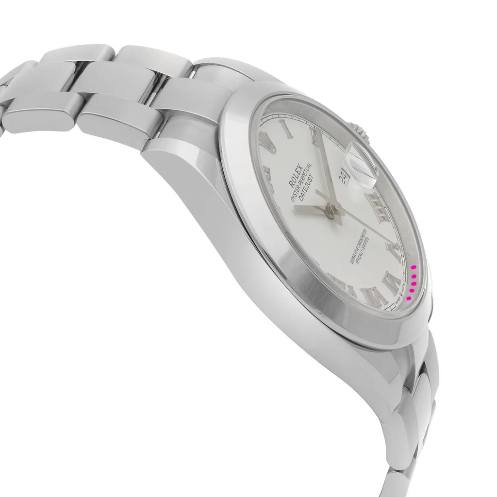 An image of a wristwatch in an unworn condition, shown from a side profile view opposite the crown. The watch features a sleek silver metal bracelet and a smooth, polished case. The angle highlights the watch's face and bezel, offering a close-up look at its intricate details.