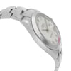 An image of a wristwatch in an unworn condition, shown from a side profile view opposite the crown. The watch features a sleek silver metal bracelet and a smooth, polished case. The angle highlights the watch's face and bezel, offering a close-up look at its intricate details.