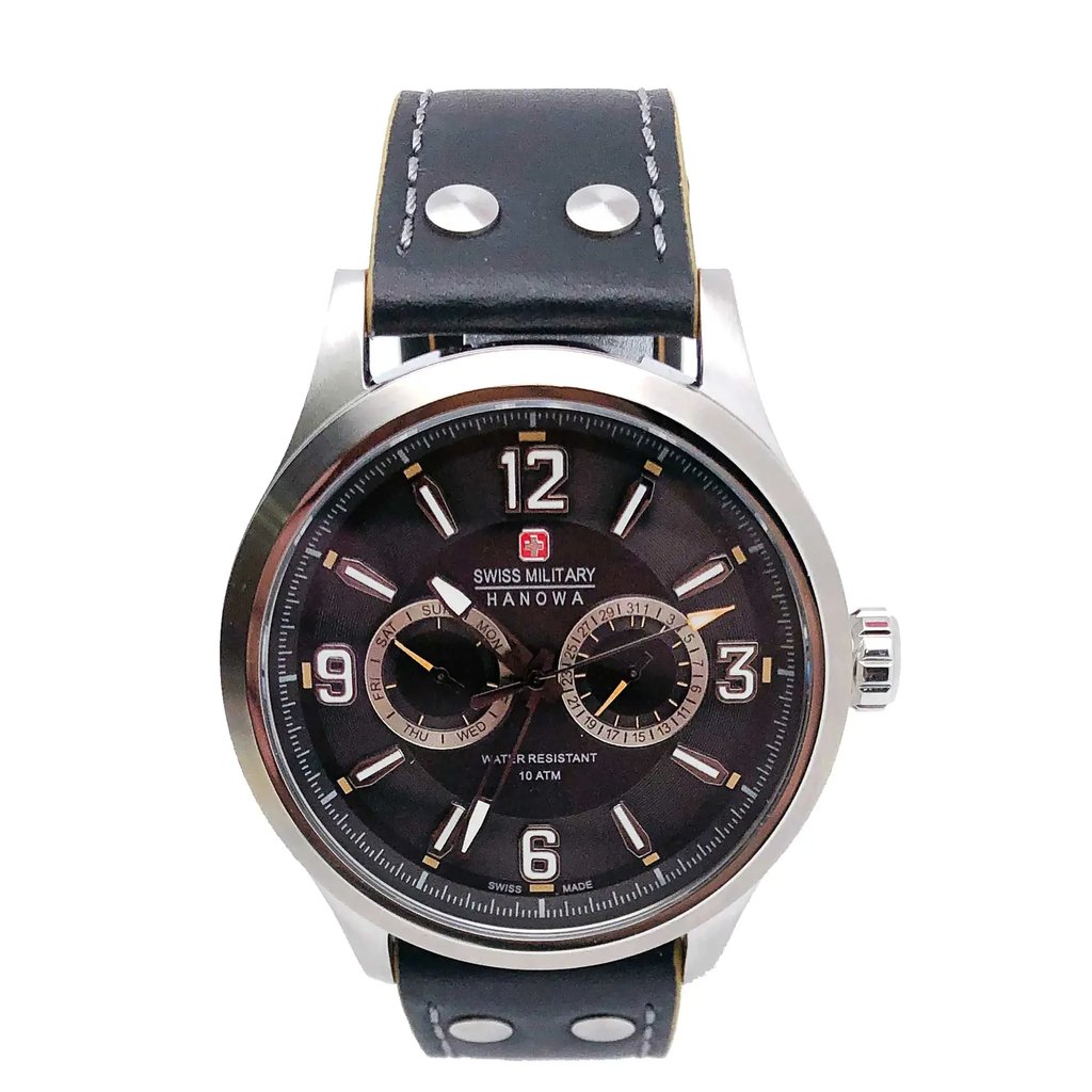 An image of a Wristwatch by Swiss Military Hanowa. This Display Model item is designed for Men, featuring a Casual style. It has a Quartz movement and an Analog display with a Black dial color. The indices include 12-Hour Dial,Arabic Numerals,Stick Indexes. The band is made of Leather and the case is made of Stainless Steel. The watch has a Round shape with a case size of 44 mm and a case thickness of 10 mm.