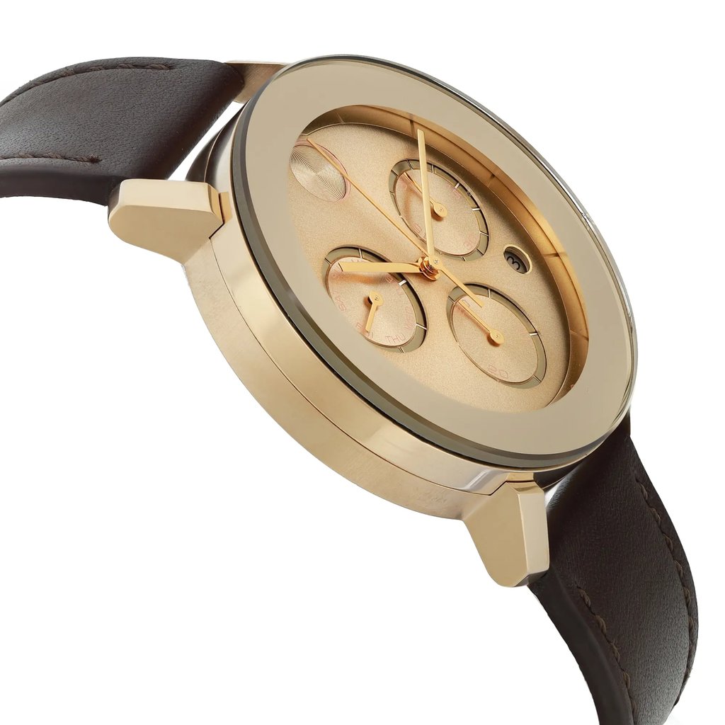 An image of a pre-owned wristwatch taken from a side profile view, opposite the crown. The watch features a gold-toned case and a brown leather strap. The angle highlights the watch's face with its three subdials and golden hands, giving a clear view of its elegant design. The photograph is shot at a moderate distance, focusing on the watch's detailed craftsmanship.