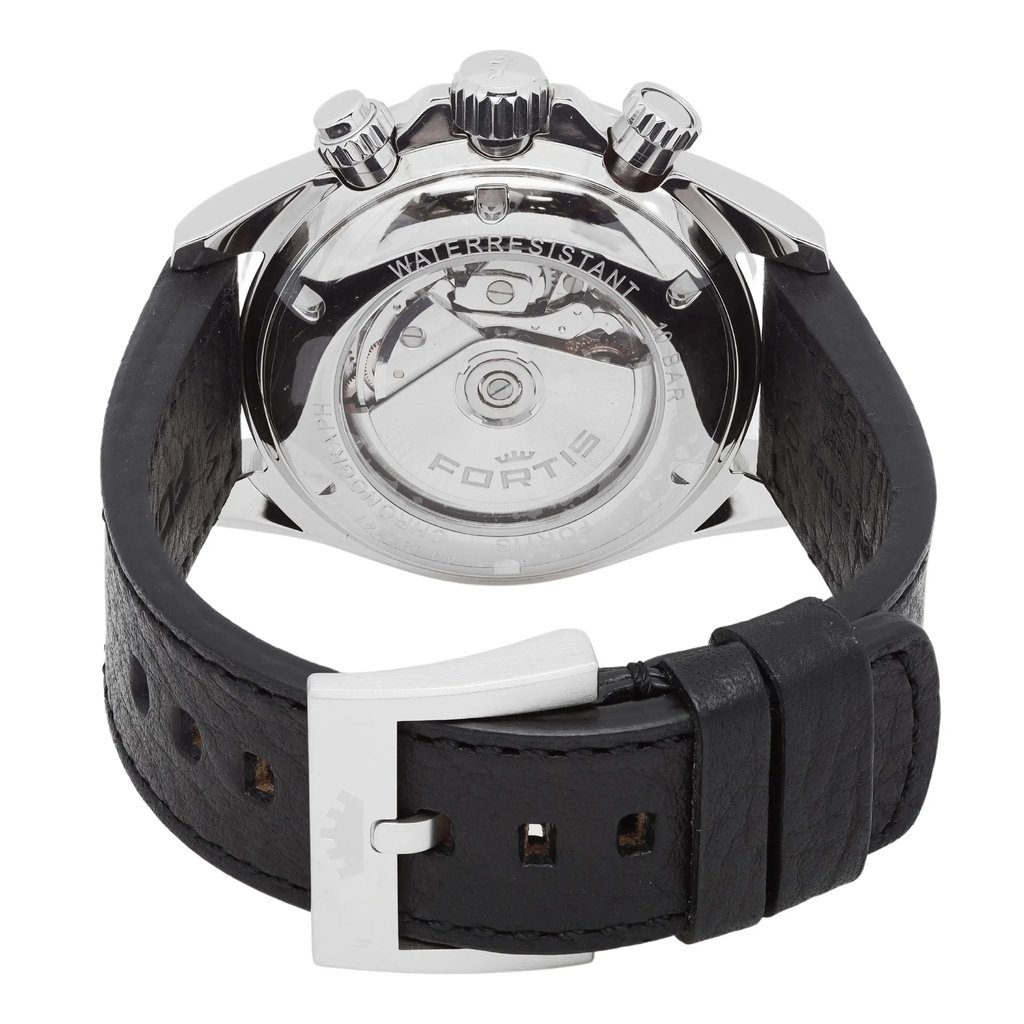 Back View Of Exhibition Back Case And Closed Leather Band Of FORTIS F2140006 Watch Unworn Condition