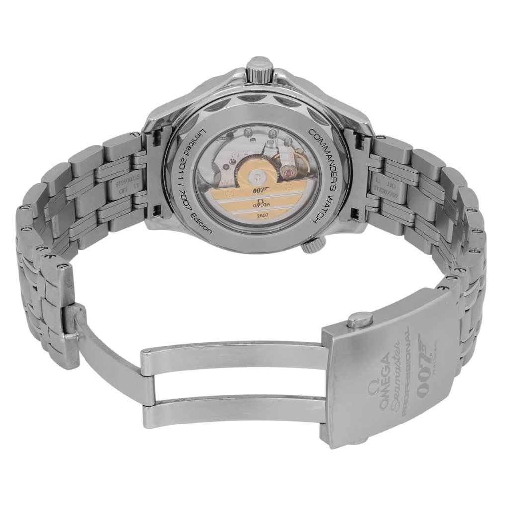 An image of a pre-owned men's OMEGA Seamaster Diver 300M James Bondwrist watch taken from a rear angle, showing the open stainless steel bracelet and the transparent case back. The watch features a visible mechanical movement with "007" branding. The focus is on the intricate inner workings and the engraved details on the clasp, captured from a close distance.