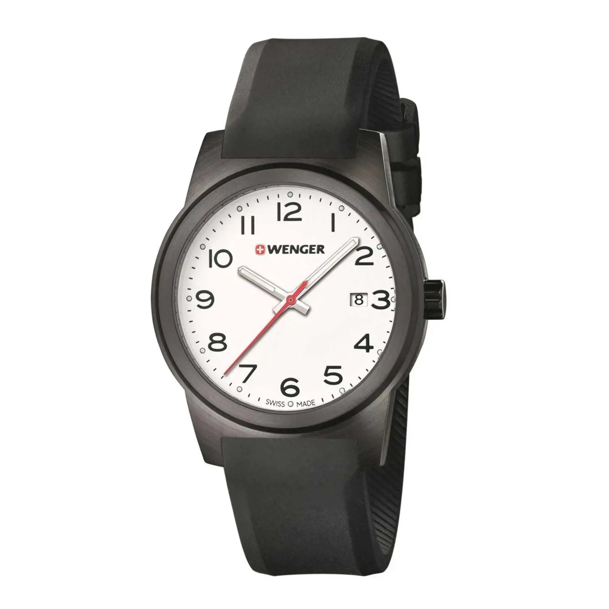 An image of a Wristwatch by Wenger. This Display Model item is designed for Men, featuring a Dress/Formal style. It has a Quartz movement and an Analog display with a White dial color. The indices include 12-Hour Dial,Arabic Numerals. The band is made of Silicone and the case is made of Stainless Steel. The watch has a Round shape with a case size of 41 mm and a case thickness of 10 mm.