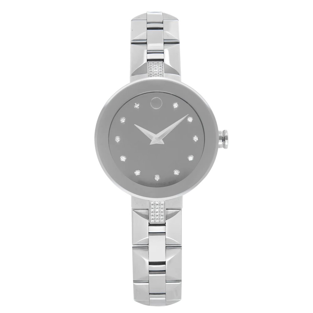 An image of a Wristwatch by Movado. This Display Model item is designed for Women, featuring a Dress/Formal,Luxury style. It has a Quartz movement and an Analog display with a Silver dial color. The indices include 12-Hour Dial,Non-Numeric Hour Marks. The band is made of Stainless Steel and the case is made of Stainless Steel. The watch has a Round shape with a case size of 28 mm and a case thickness of 7 mm.