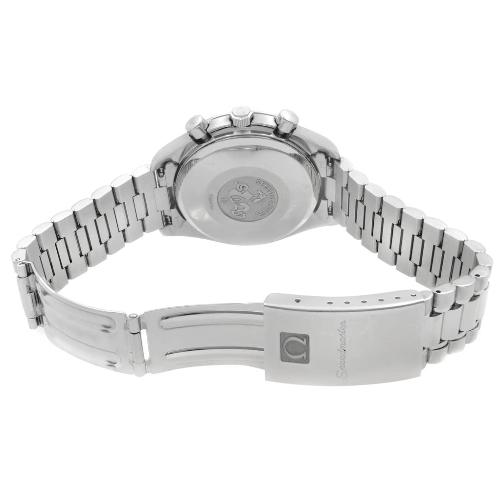 Back View Of Solid Back Case And Open Stainless Steel Band Of OMEGA 3521.80. Watch Pre Owned Condition