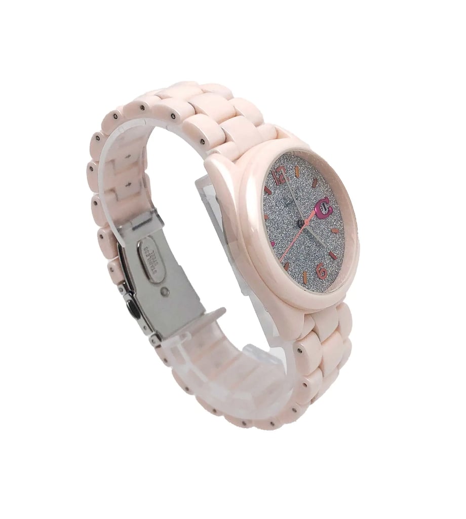An image of a Wristwatch by Coach. This Pre Owned item is designed for Women, featuring a Dress/Formal style. It has a Quartz movement and an Analog display with a Gray dial color. The indices include 12-Hour Dial,Stick Indexes. The band is made of Ceramic and the case is made of Ceramic. The watch has a Round shape with a case size of 36 mm and a case thickness of 10 mm.