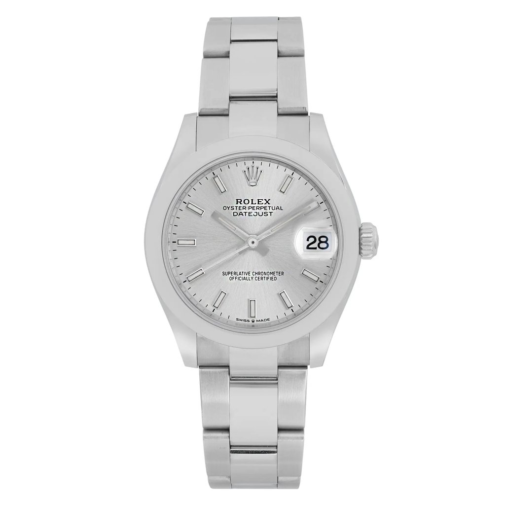 An image of a pre-owned women's Rolex Datejust 31mm Steel Silver Sticks Dial Ladies Watch 278240 wristwatch, viewed from a straight-on angle. The watch features a silver dial with baton hour markers and a date window at the 3 o'clock position. The stainless steel bracelet is visible, and the image is taken at a close distance to highlight the details of the timepiece.