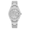 An image of a pre-owned women's Rolex Datejust 31mm Steel Silver Sticks Dial Ladies Watch 278240 wristwatch, viewed from a straight-on angle. The watch features a silver dial with baton hour markers and a date window at the 3 o'clock position. The stainless steel bracelet is visible, and the image is taken at a close distance to highlight the details of the timepiece.