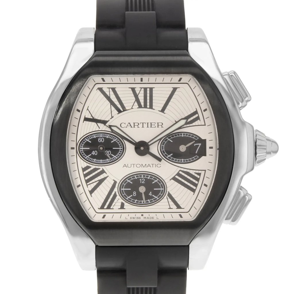 An image of a pre-owned wristwatch taken from a front close-up angle, showcasing the watch face in detail. The watch features a black strap and a silver-toned case. The dial is adorned with Roman numerals and three sub-dials, along with the brand name and the word "Automatic." The crown and pushers are visible on the right side of the case.