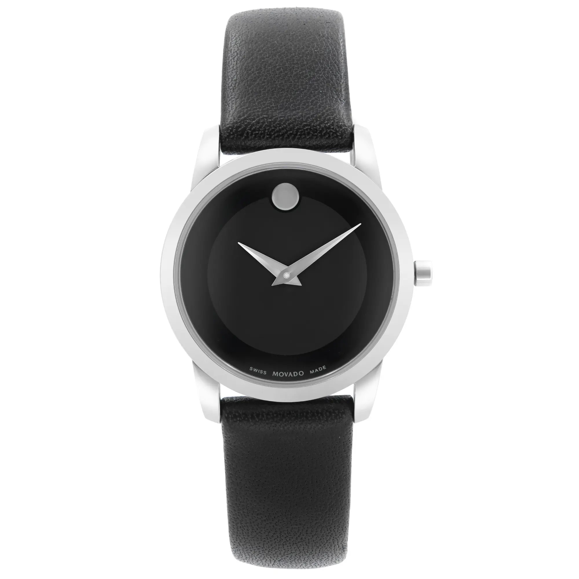 An image of a Wristwatch by Movado. This Pre Owned item is designed for Women, featuring a Casual style. It has a Quartz movement and an Analog display with a Black dial color. The indices include 12-Hour Dial,Non-Numeric Hour Marks. The band is made of Leather and the case is made of Stainless Steel. The watch has a Round shape with a case size of 28 mm and a case thickness of 7 mm.