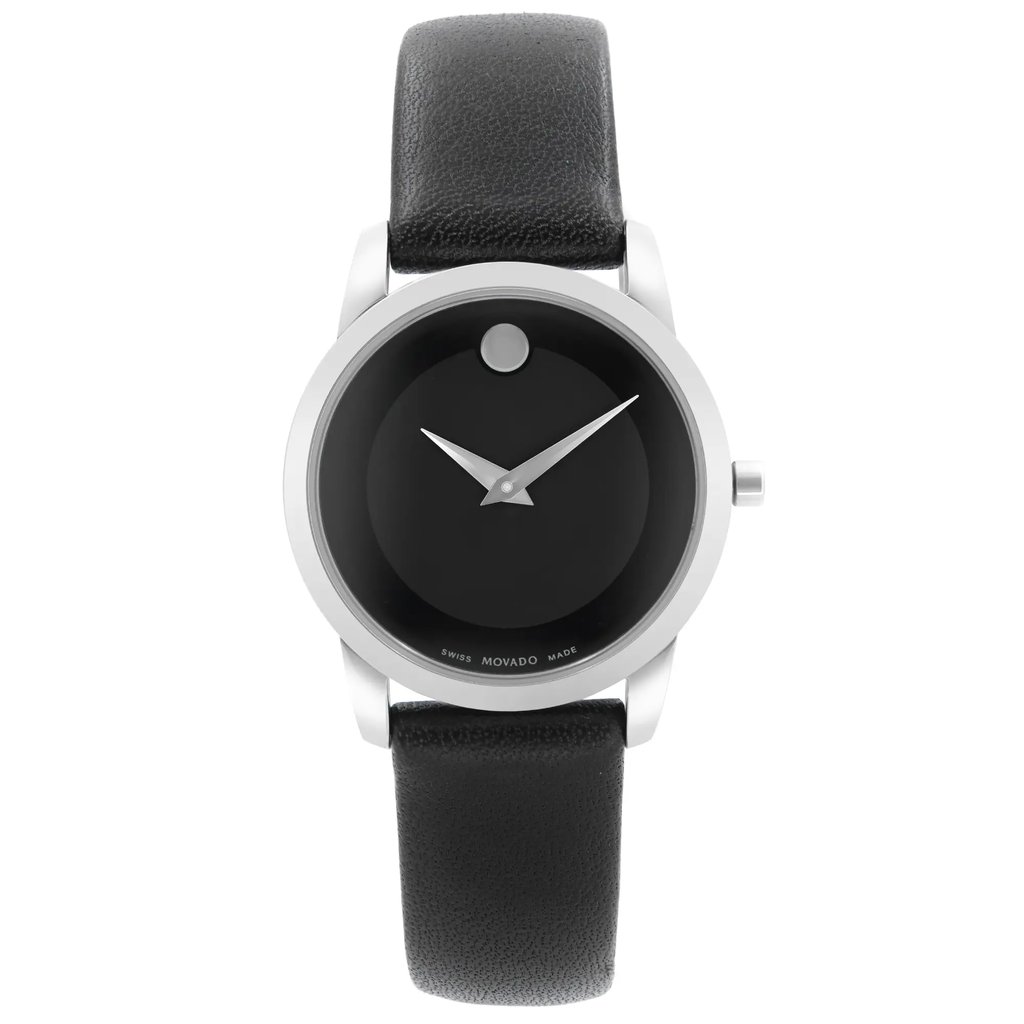 An image of a Wristwatch by Movado. This Pre Owned item is designed for Women, featuring a Casual style. It has a Quartz movement and an Analog display with a Black dial color. The indices include 12-Hour Dial,Non-Numeric Hour Marks. The band is made of Leather and the case is made of Stainless Steel. The watch has a Round shape with a case size of 28 mm and a case thickness of 7 mm.