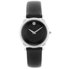 An image of a Wristwatch by Movado. This Pre Owned item is designed for Women, featuring a Casual style. It has a Quartz movement and an Analog display with a Black dial color. The indices include 12-Hour Dial,Non-Numeric Hour Marks. The band is made of Leather and the case is made of Stainless Steel. The watch has a Round shape with a case size of 28 mm and a case thickness of 7 mm.